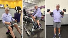 Three photos of a man using gym equipment side by side