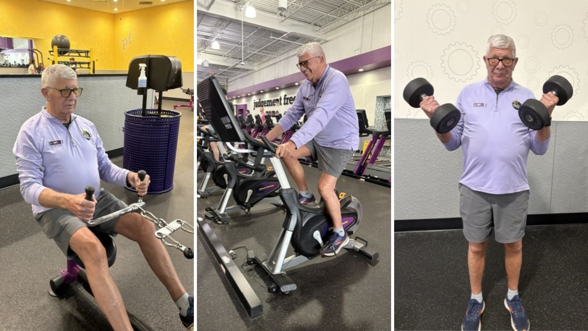 Three photos of a man using gym equipment side by side