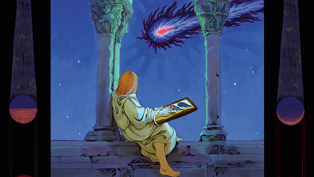 Digital art showing a girl painting a comet as it passes in the night sky