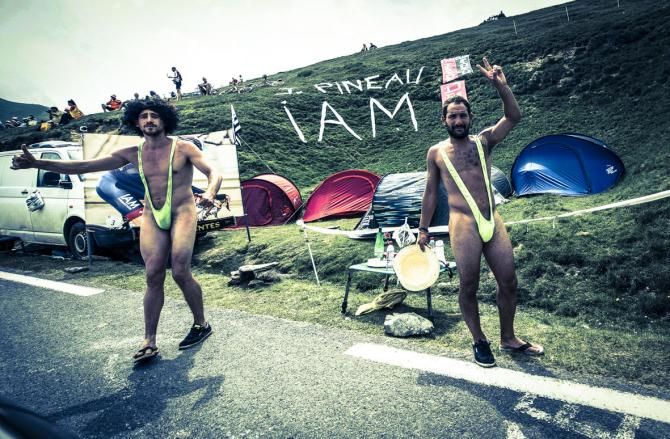 On the way to the summit of the Tourmalet - Mankinis - Really? surely not.. Sacha Baron-Cohen has a lot to answer for!