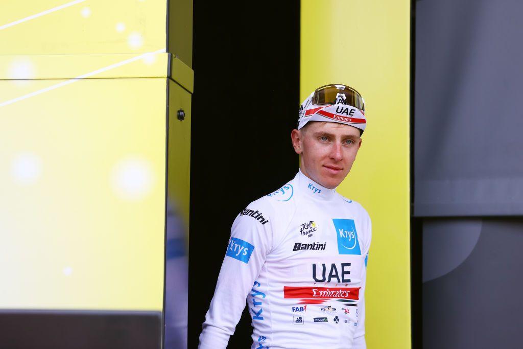 WALLERS FRANCE JULY 06 Tadej Pogacar of Slovenia and UAE Team Emirates White Best Young Rider Jersey celebrates at podium during to the 109th Tour de France 2022 Stage 5 a 157km stage from Lille to WallersArenberg TDF2022 WorldTour on July 06 2022 in Wallers France Photo by Michael SteeleGetty Images