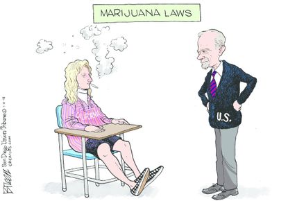 Political cartoon U.S. California marijuana legalization