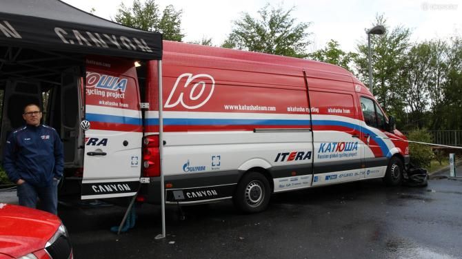 Katusha mechanics operate out of these spacious Volkswagen Transporter vans