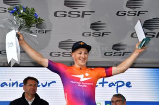 ANICHE FRANCE MAY 03 Arvid De Kleijn of Netherlands and Team Human Powered Health celebrates at podium as stage winner during the 66th 4 Jours De Dunkerque Grand Prix Des Hauts De France 2022 Stage 1 a 161km stage from Dunkerque to Aniche on May 03 2022 in Aniche France Photo by Luc ClaessenGetty Images