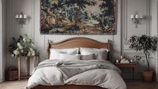 Bedroom featuring ornate millwork, a wooden bedframe, and a woven verdure-style tapestry hanging overhead