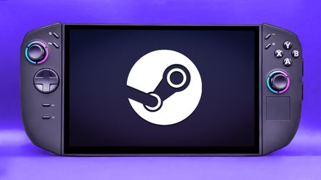 Legion Go 2 (SteamOS) facing forward with Steam logo. 