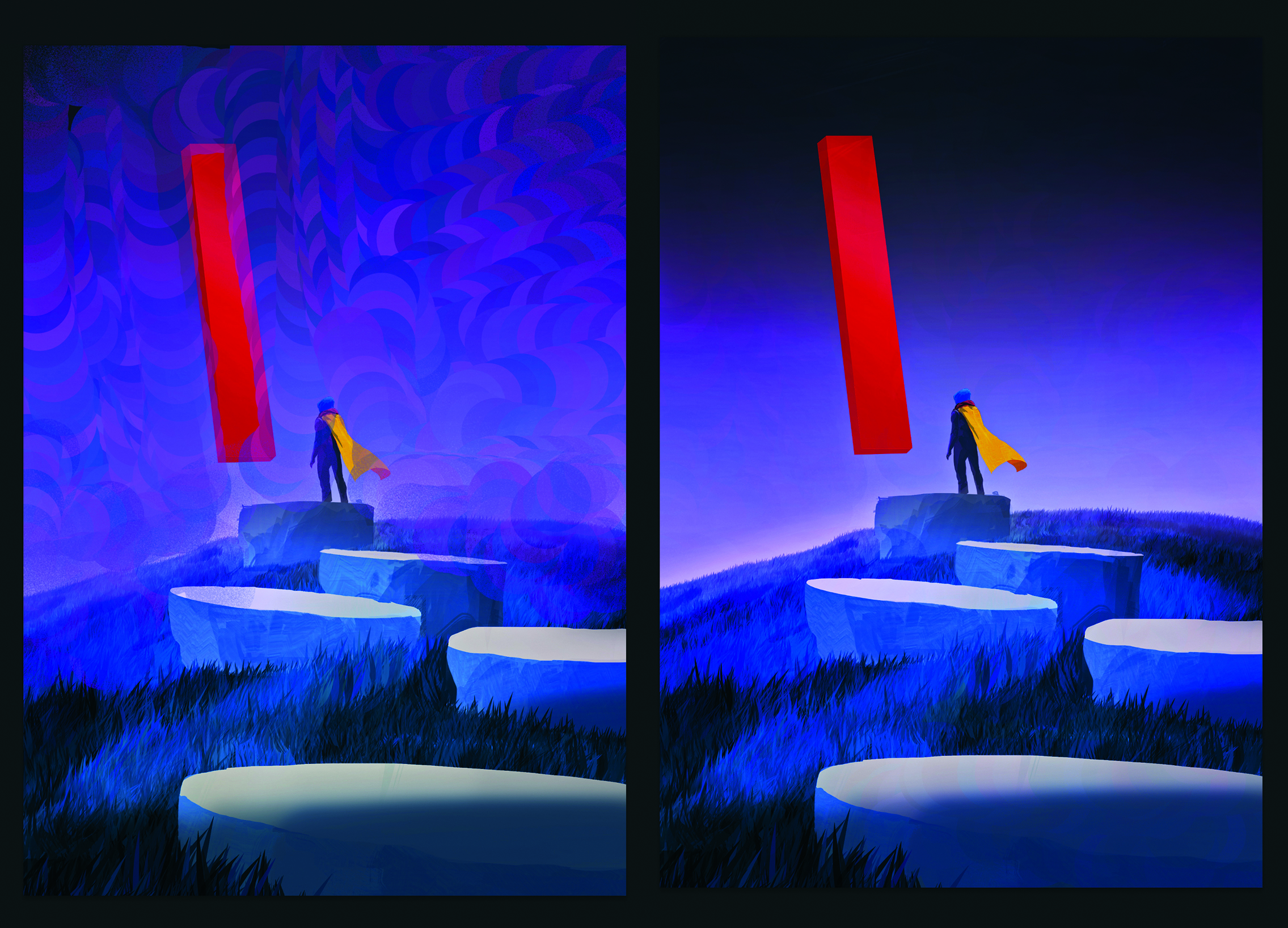 Part of the process of making digital art in Photoshop. The artwork shows a lone figure in a surreal dreamscape