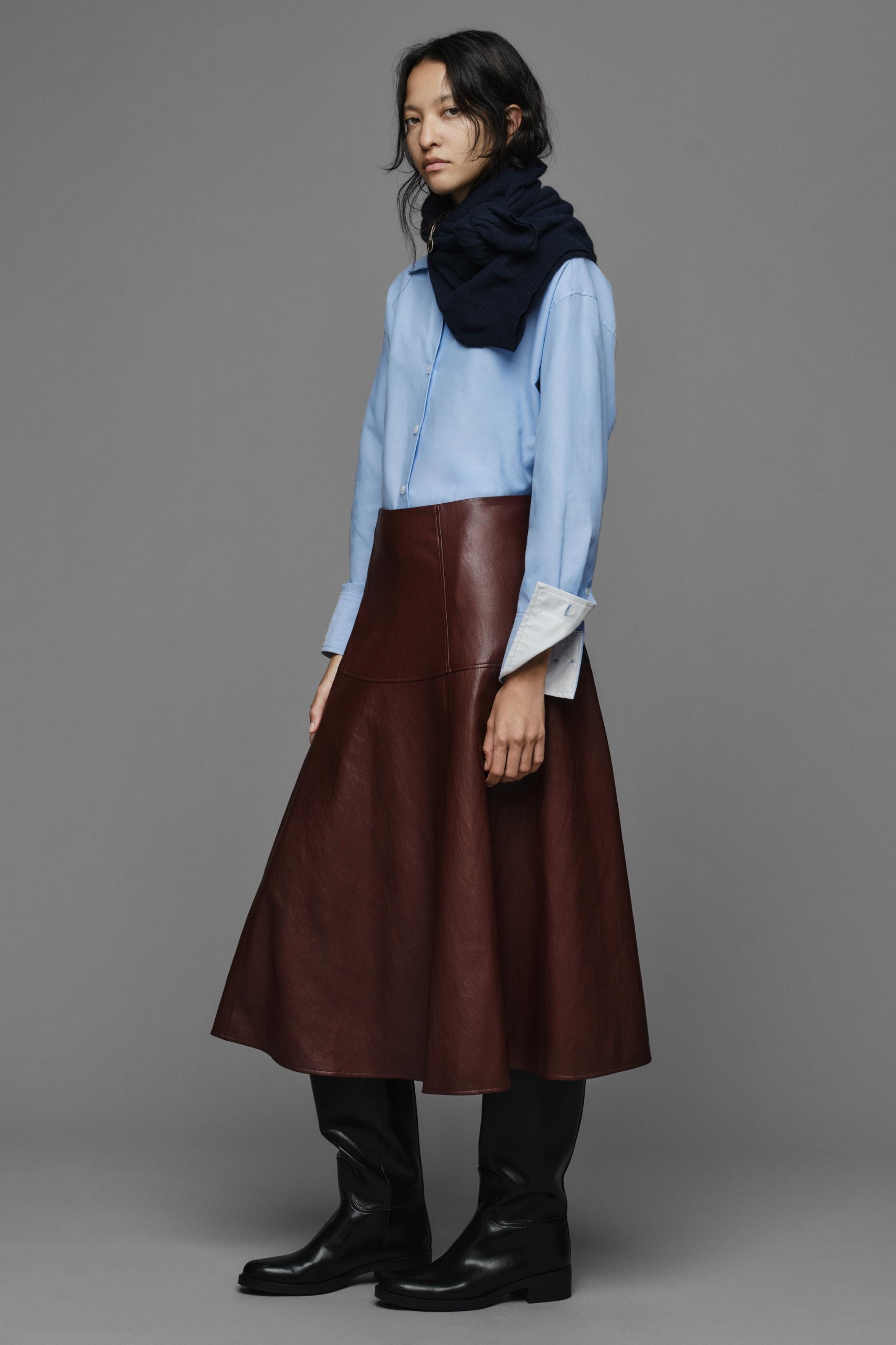 Leather Effect Midi Skirt - Burgundy - Xs