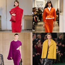 Collage of different fall 2025 color trends on the runway.