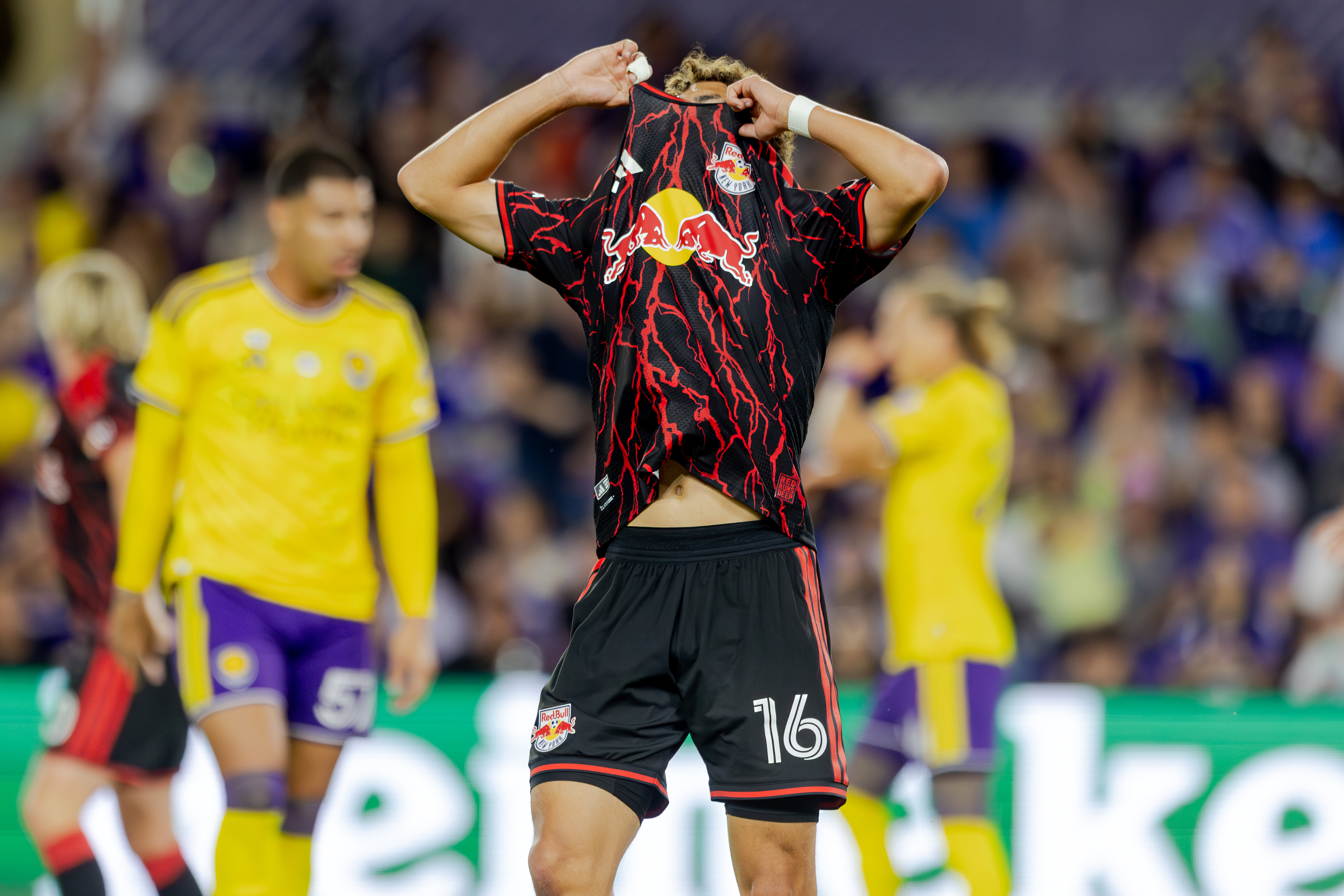ORLANDO, FLORIDA - FEBRUARY 21: Julian Hall #16 of New York Red Bulls reacts after a missed opportunity during the match between Orlando City and New York Red Bulls at Inter&amp;amp;Co Stadium on February 21, 2026 in Orlando, Florida. (Photo by Dustin Markland/Getty Images)