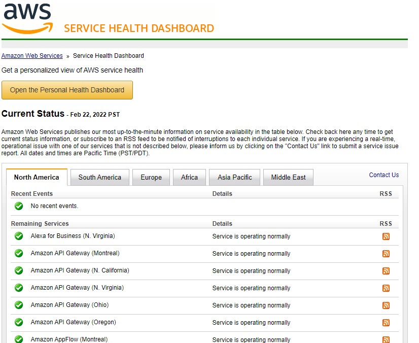 AWS Status Page from Amazon