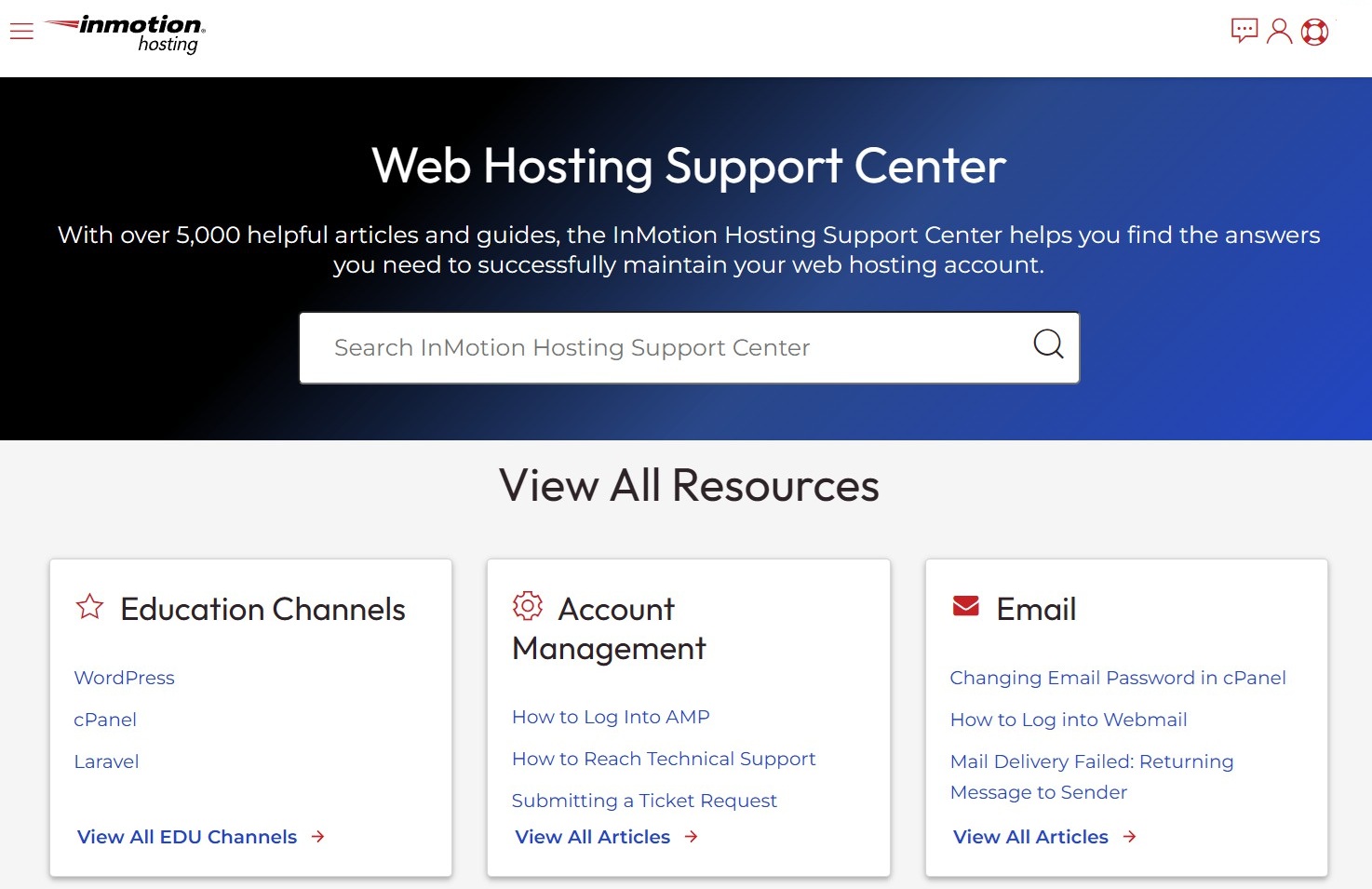 screenshot of the knowledgebase at InMotion Hosting