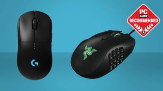 A Logitech G Pro Wireless and Razer Naga Left-Handed Edition gaming mouse on a blue background with a PC Gamer Recommended logo