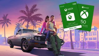 Shot from GTA6 showing a car with a male and female couple leaning on the bonnet