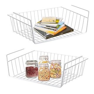 Under Shelf Storage Basket,weerstone Under Shelf Hanging Metal Wire Storage Basket Organizer Removable for Kitchen, Cupboards, Shelves, Cabinet, Bathroom, Office (2 Pack White)