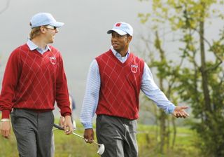 Hunter Mahan and Tiger Woods during the 2010 Ryder Cup at Celtic Manor.