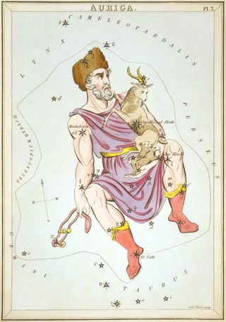 An illustration of the constellation Auriga from "Urania's Mirror," a set of 32 constellation charts published in 1824.