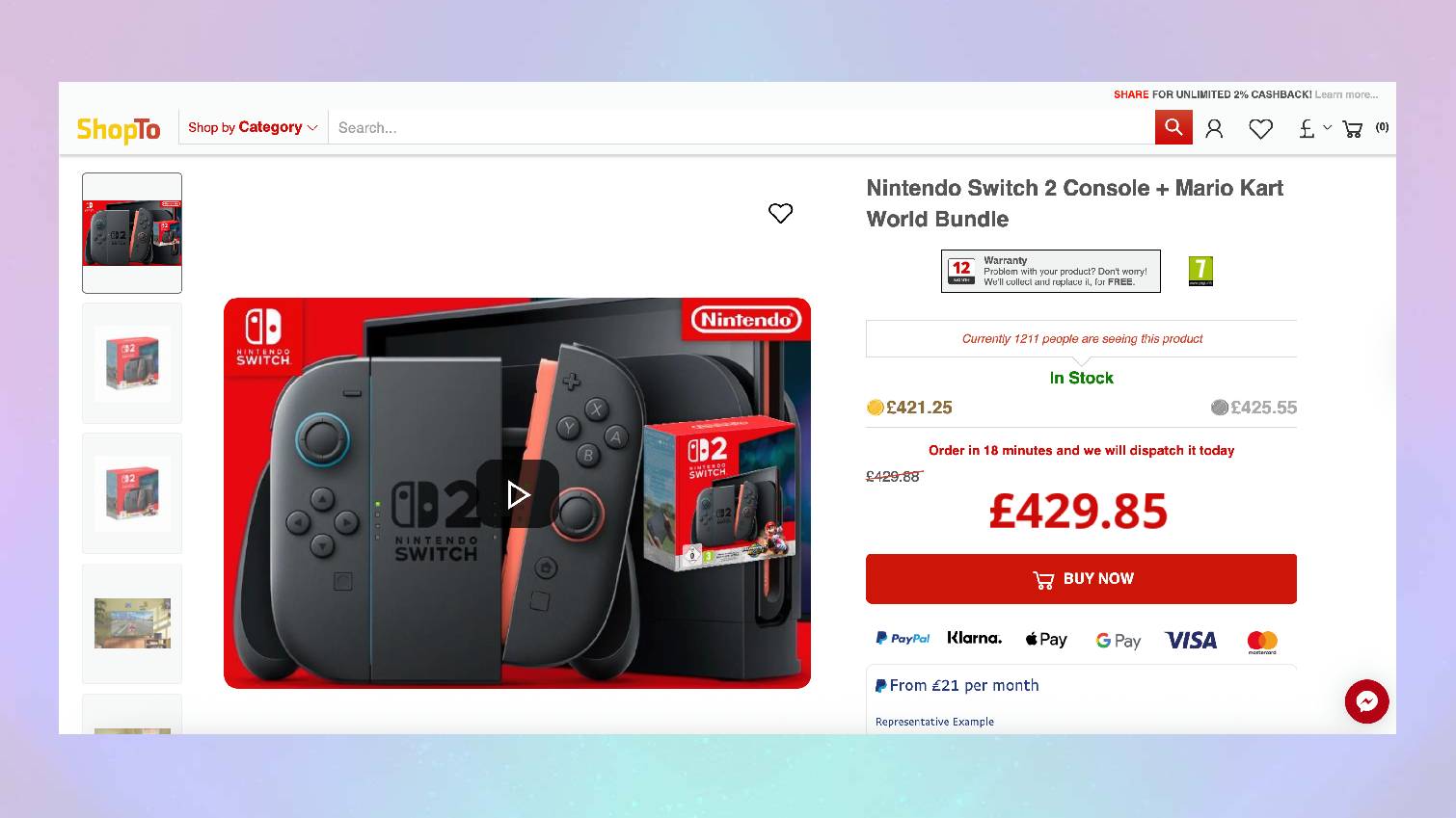 Screenshot of Nintendo Switch 2 listing at ShopTo on colored background