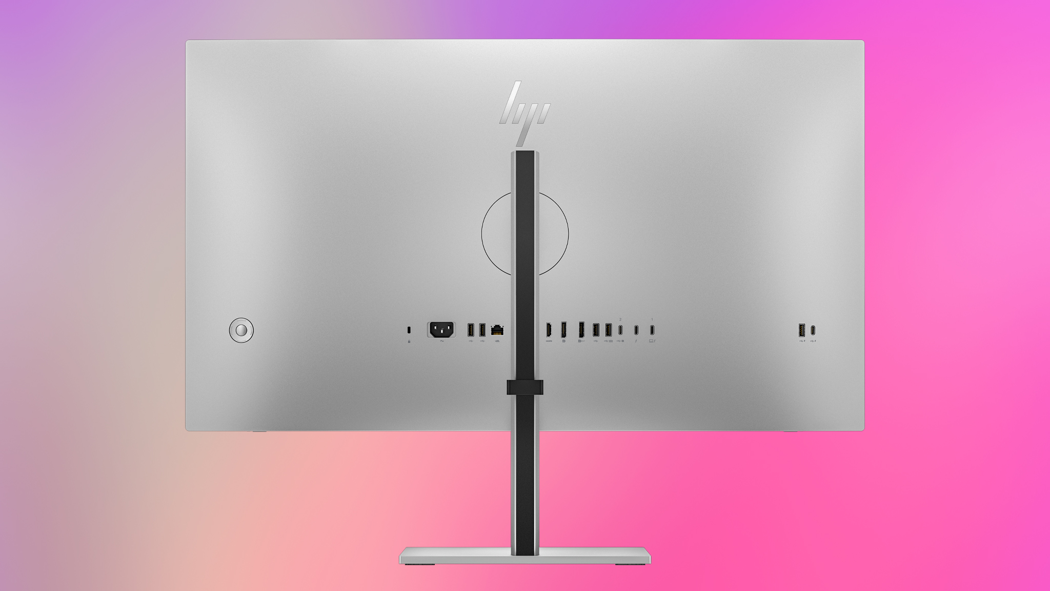 The backside of the HP Series 7 Pro 4K Monitor on a pink and purple background.