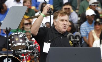 Teamsters Union President James Hoffa delivered a fierce anti-Tea Party speech to a Detroit crowd on Monday, shortly before President Obama took the stage.