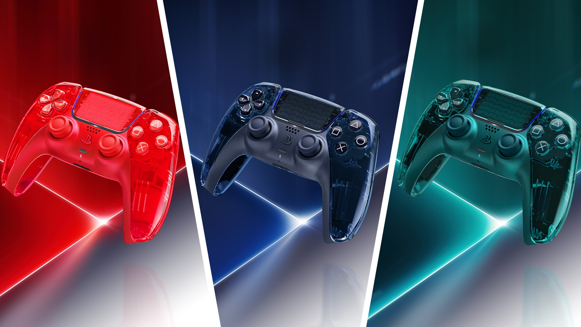 A three-way image of the new PS5 DualSense prism colorways