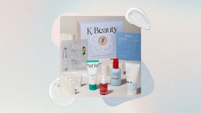 Boots K Beauty Skincare Edit on a pastel watercolour background with skincare formula swatches