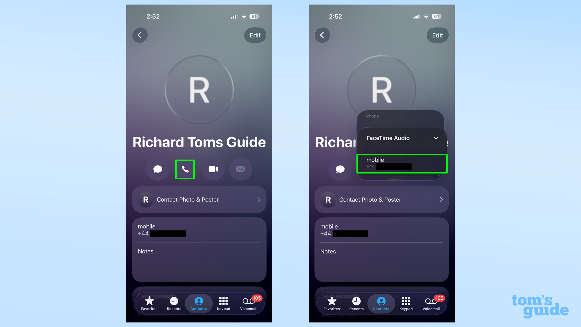 Accessing FaceTime Audio in a contact card