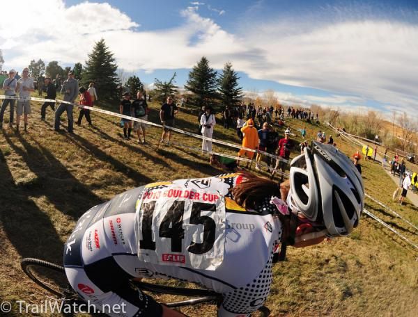 Lisa Strong (Hudz Subaru) riding downhill switchbacks