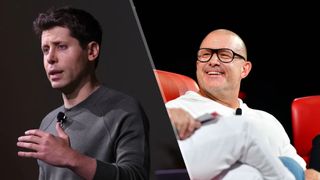 A split image showing OpenAI's Sam Altman on the left and Jony Ive on the right