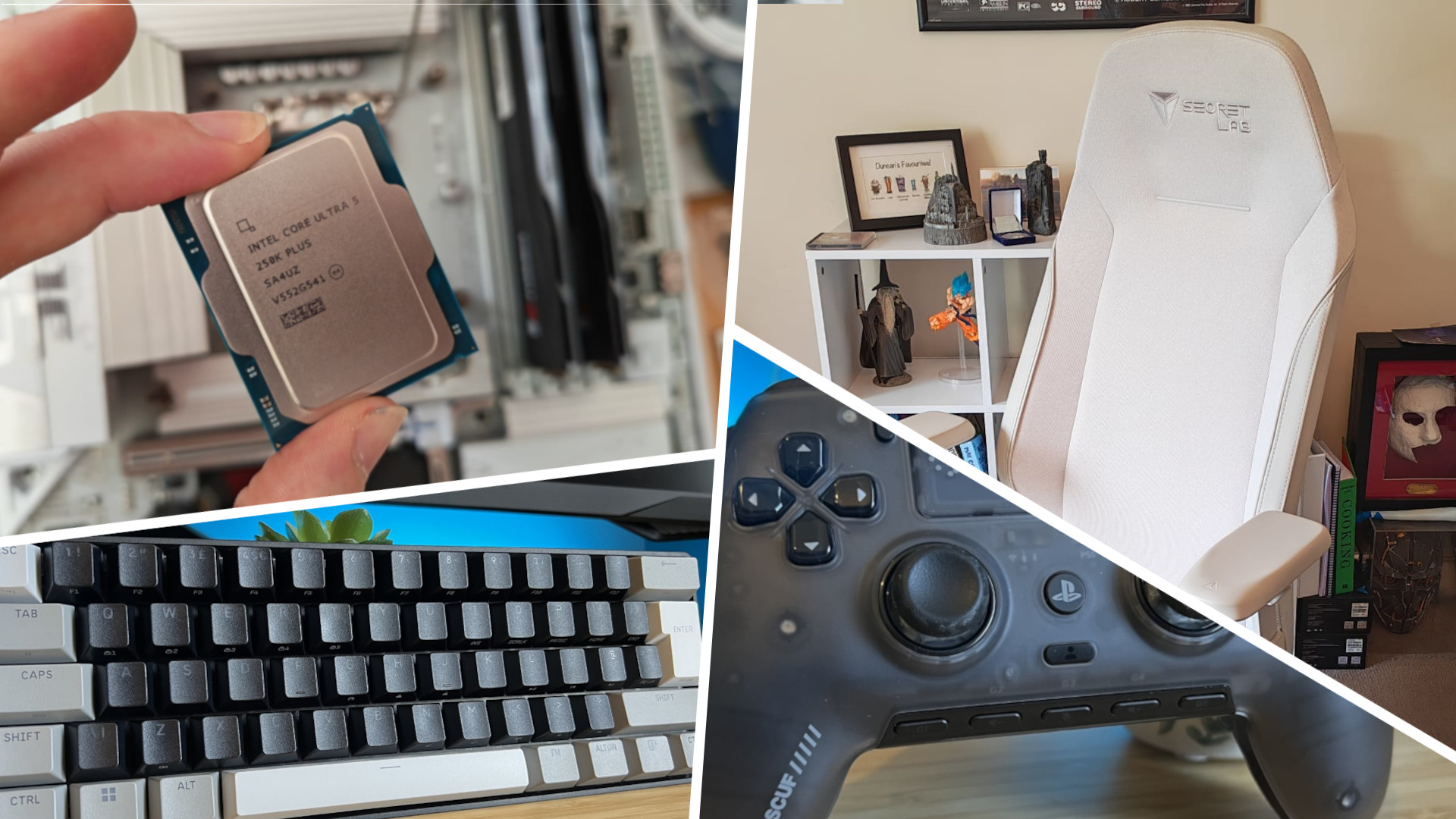 Intel CPU, Corsair keyboard, Scuf controller, and Secretlab gaming chair review photos in a collage