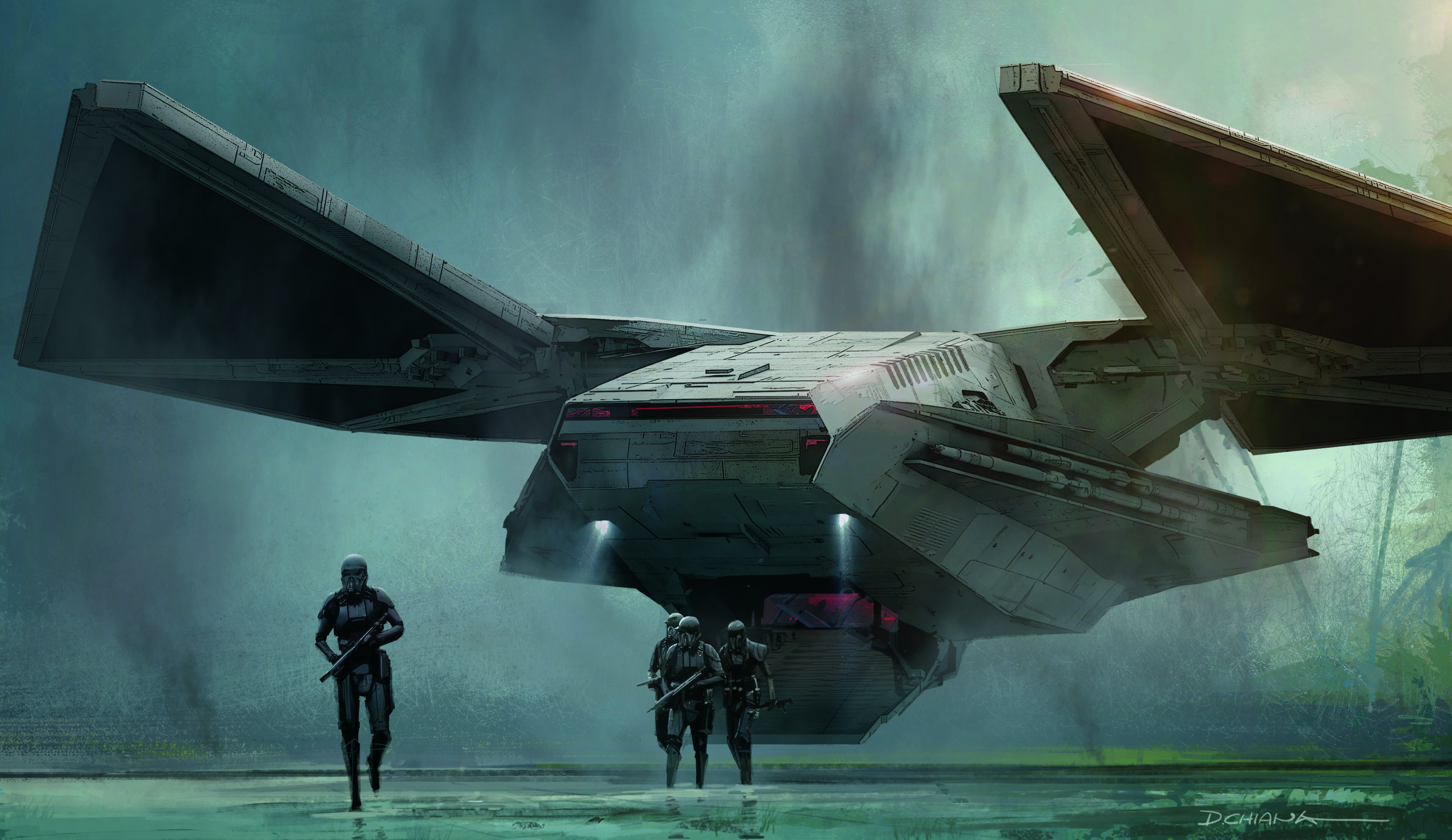 Una nave espacial aterriza sobre la hierba verde.