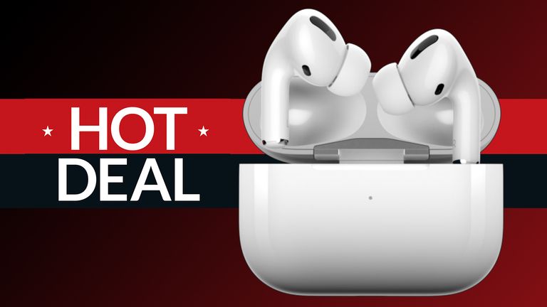 Apple AirPods Pro deal image, showing AirPods with a sign saying Hot Deal