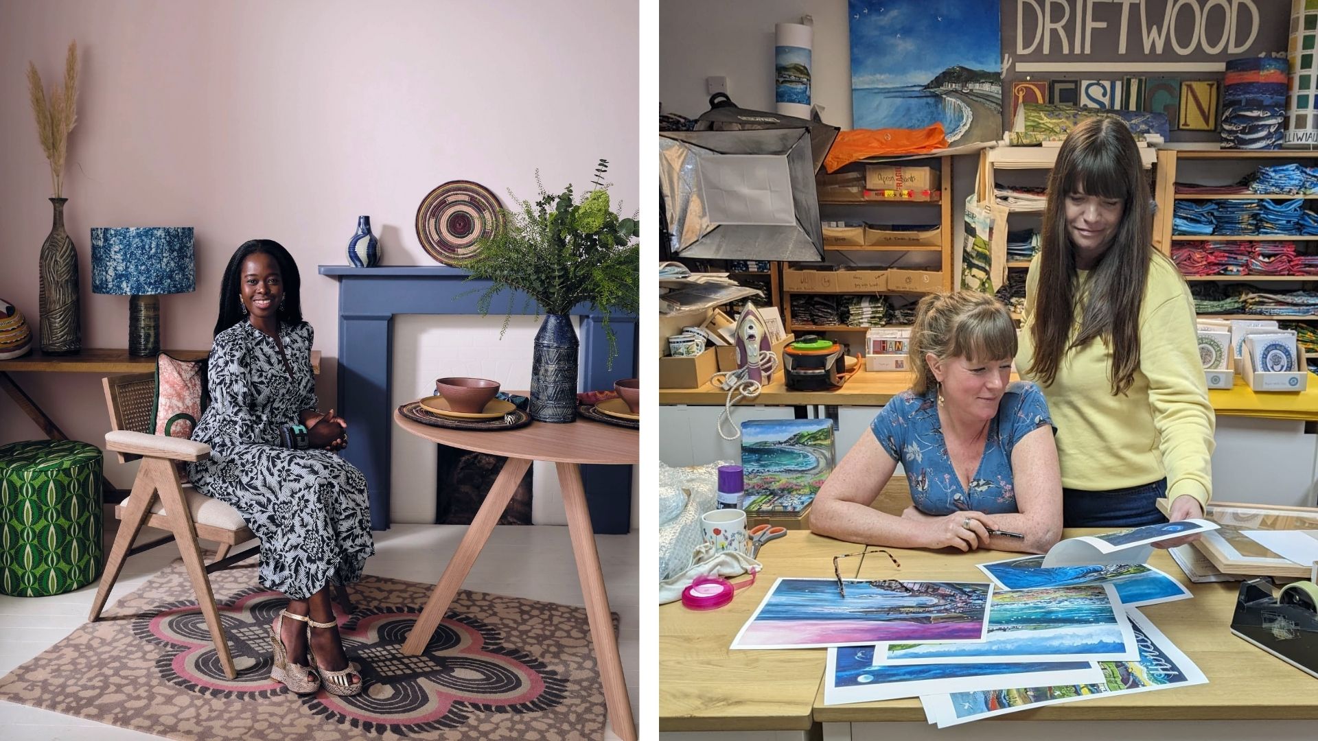 split image of Eva Sonaike and Driftwood Designs female founded businesses