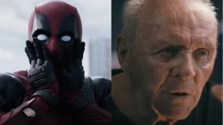 Deadpool looking shocked and Anthony Hopkins looking serious, pictured side-by-side.