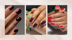 Three vertical images of close up shots of painted nails in (left to right) dark burgundy, purple, and bold red, set against a marbled dusky pink background
