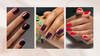 Three vertical images of close up shots of painted nails in (left to right) dark burgundy, purple, and bold red, set against a marbled dusky pink background