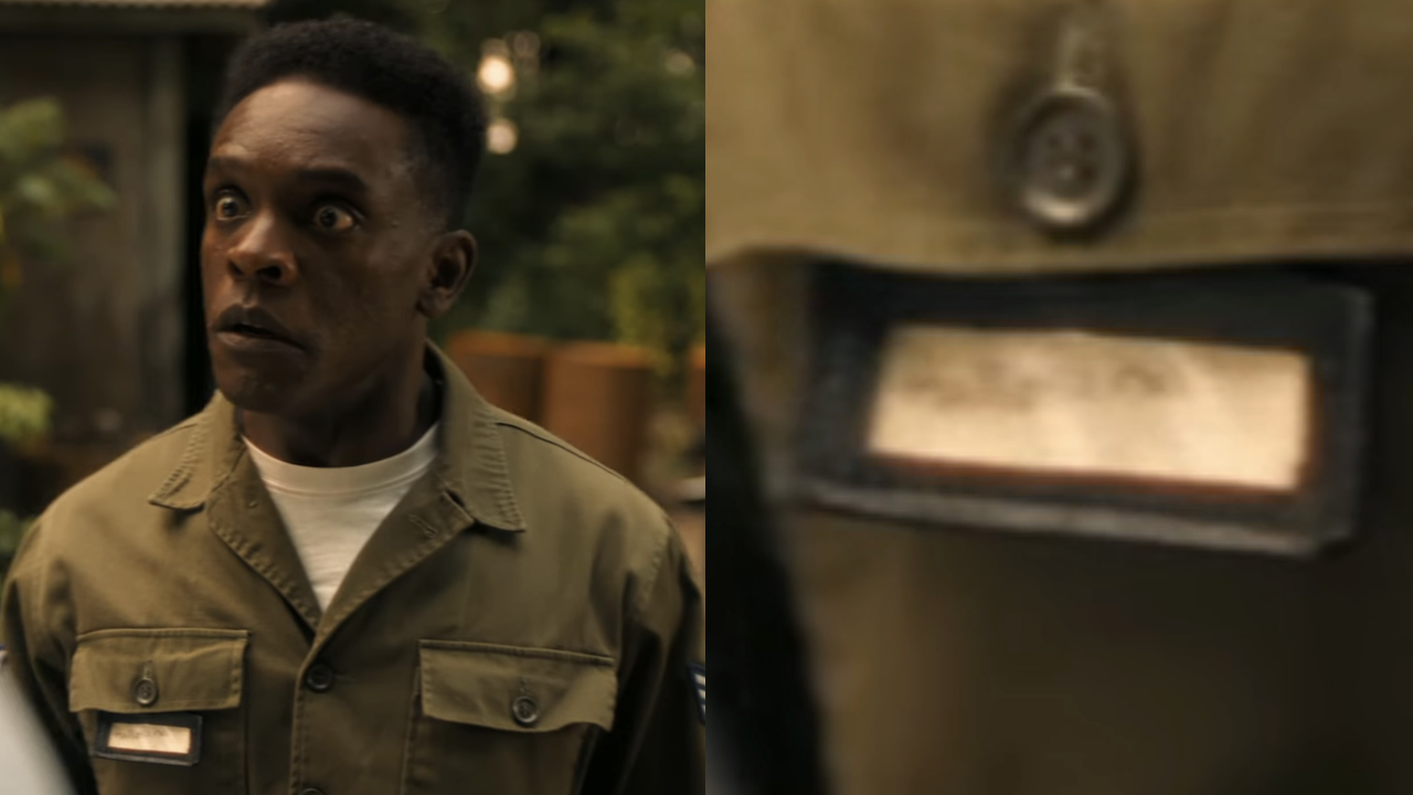 Side-by-side: Chris Chalk's Dick Halloran in Welcome to Derry, close-up on Halloran's uniform name tag
