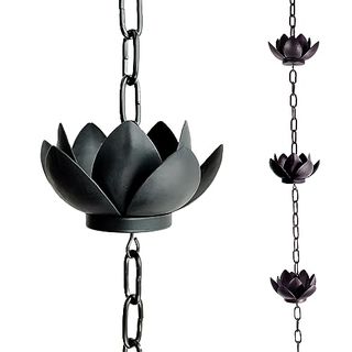 Frestique Rain Chains - Black Lotus Rain Chain Set, 8.5 Ft Powder Coated Rust-Resistant Rainchains, Includes Rain Chain Gutter Adapter - Rain Chains for Gutters a Stylish Alternative to Downspouts