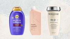 Lineup of three best shampoos for fine hair (L-R) from OGX, Kevin Murphy and Kerastase, on a beige background with foam details