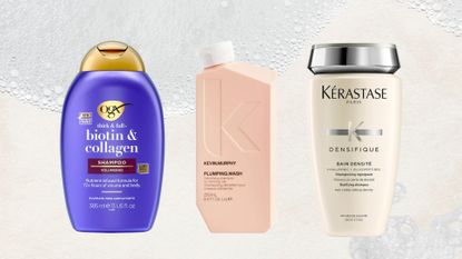 Lineup of three best shampoos for fine hair (L-R) from OGX, Kevin Murphy and Kerastase, on a beige background with foam details