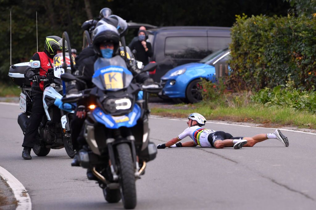 OUDENAARDE BELGIUM OCTOBER 18 Julian Alaphilippe of France and Team Deceuninck QuickStep World Champion Jersey Crash Motorbike during the 104th Tour of Flanders 2020 Ronde van Vlaanderen Men Elite a 2433km race from Antwerpen to Oudenaarde RVV20 FlandersClassic on October 18 2020 in Oudenaarde Belgium Photo by Luc ClaessenGetty Images