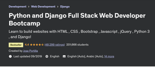 A screenshot of the Udemy website advertising the 'Python and Django Full Stack Web Developer Bootcamp' course