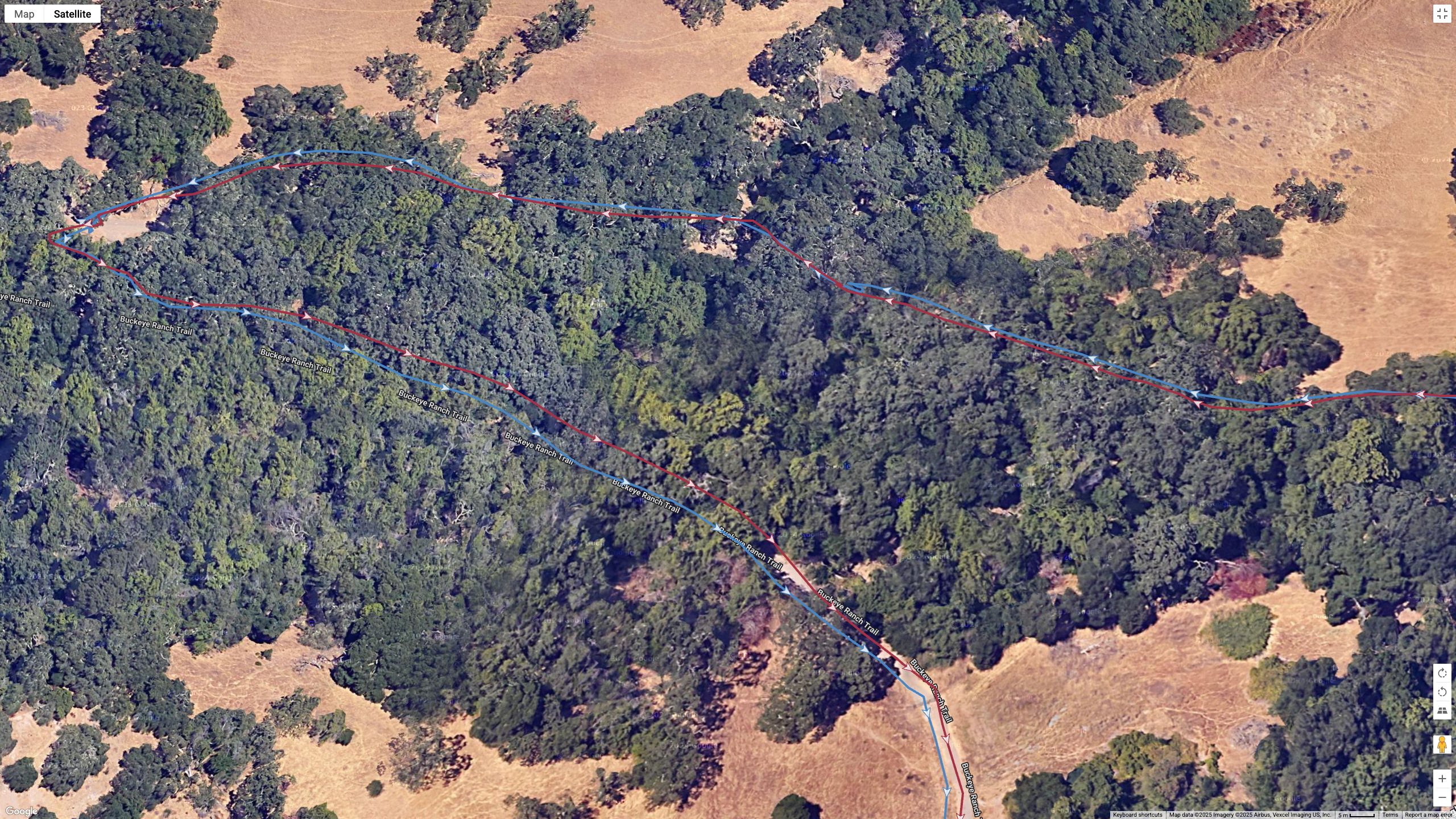 A Google satellite map showing how the Garmin Venu X1's all-systems GNSS line (blue) compares to the Garmin Forerunner 970's dual-frequency GPS line (red) for accuracy during a hike with plenty of tree cover.
