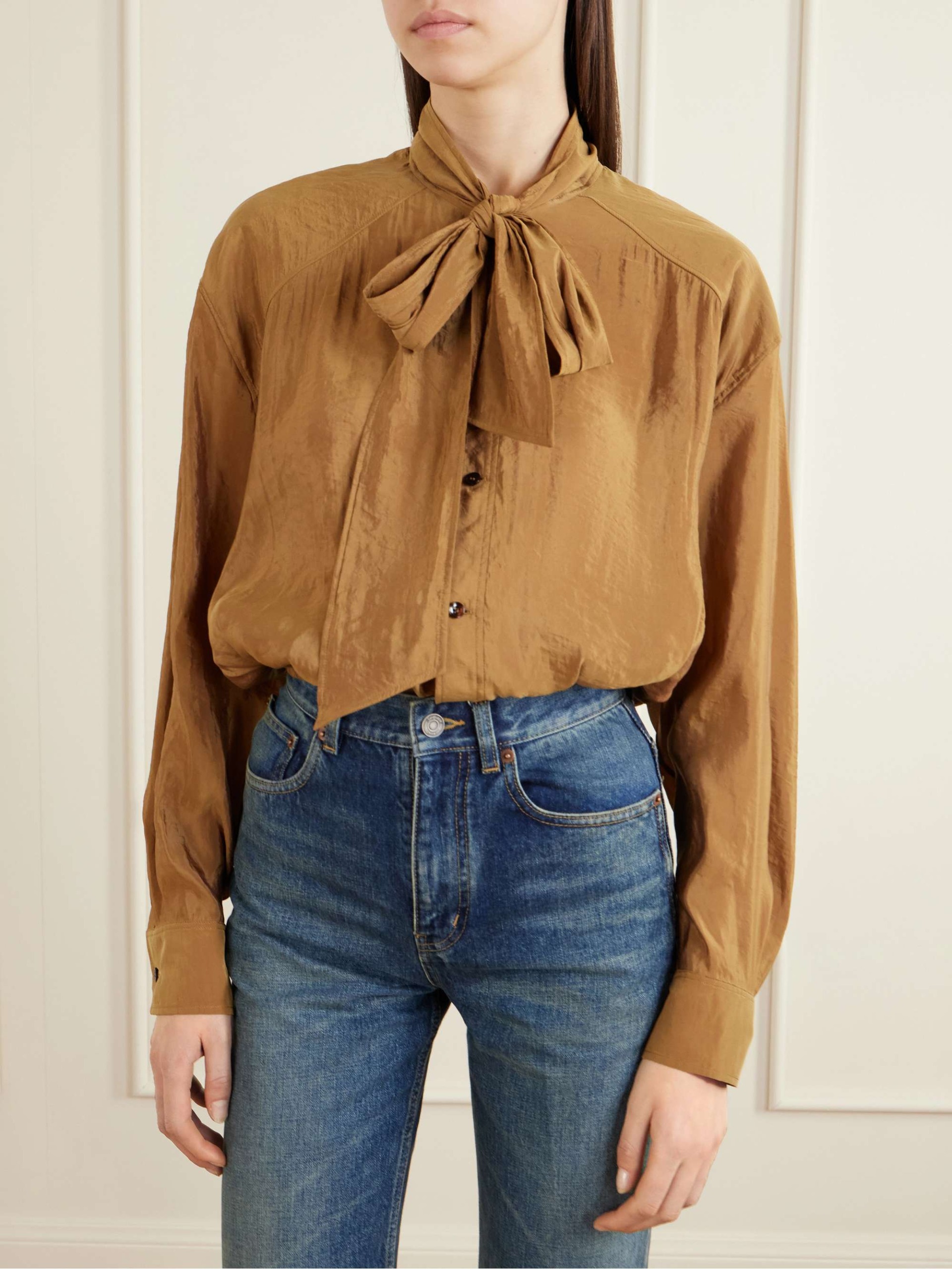 Pussy-Bow Crinkled-Taffeta Blouse