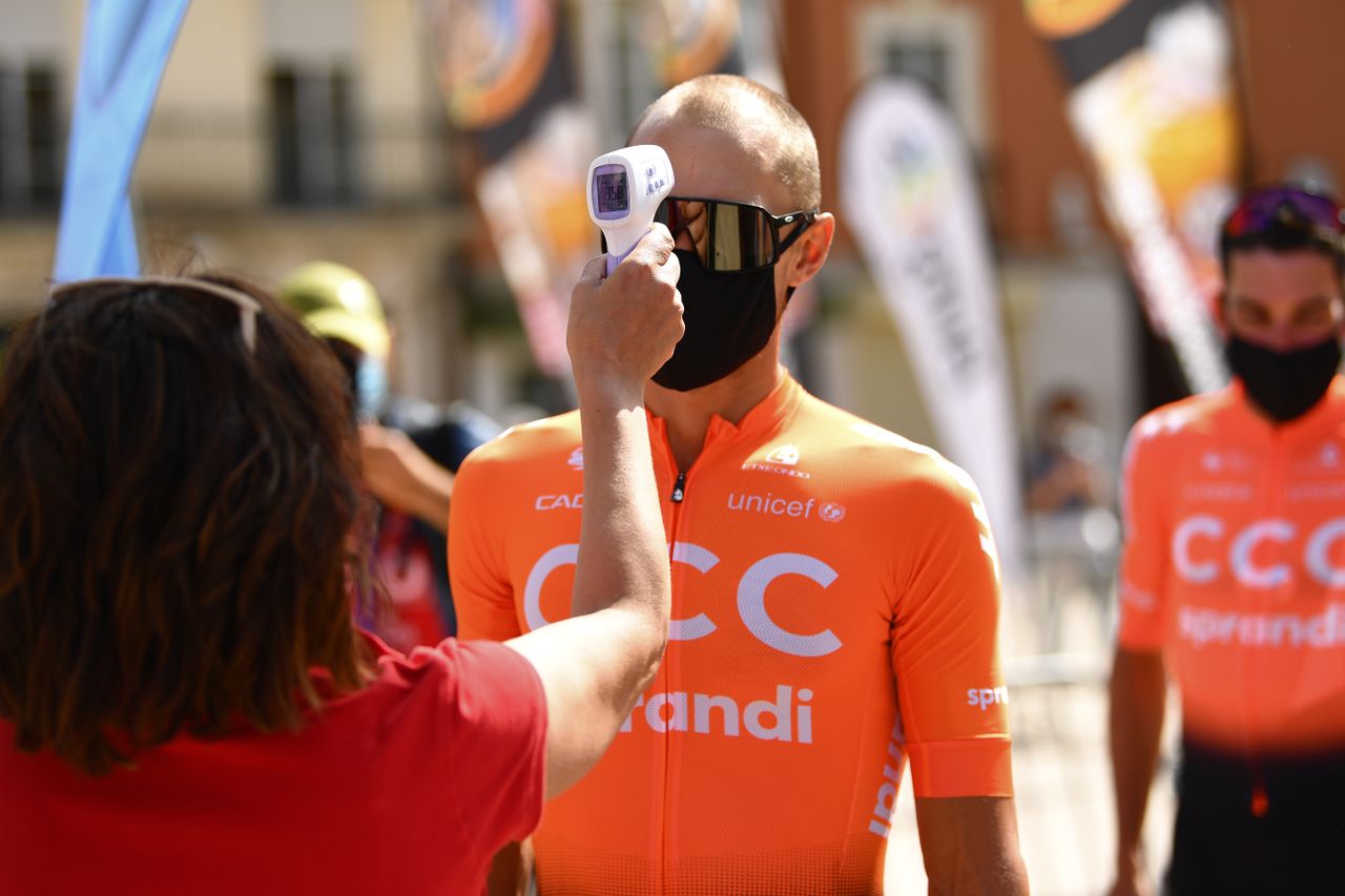 Matteo Trentin (CCC) undergoes a temperature check before the start.