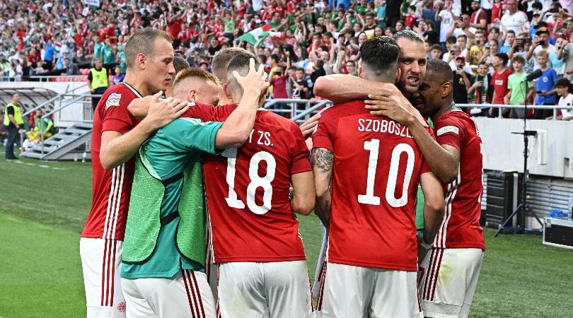 Hungary players celebrate taking the lead against England in Budapest.