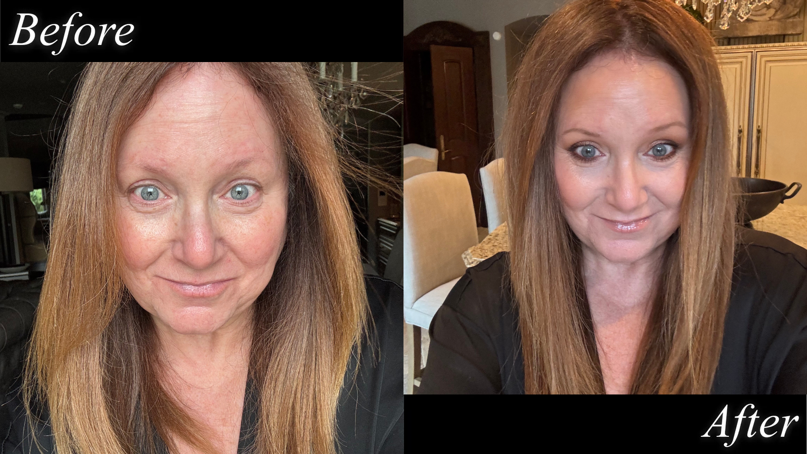A woman with blonde and brown hair and a silk shirt before and after makeup.