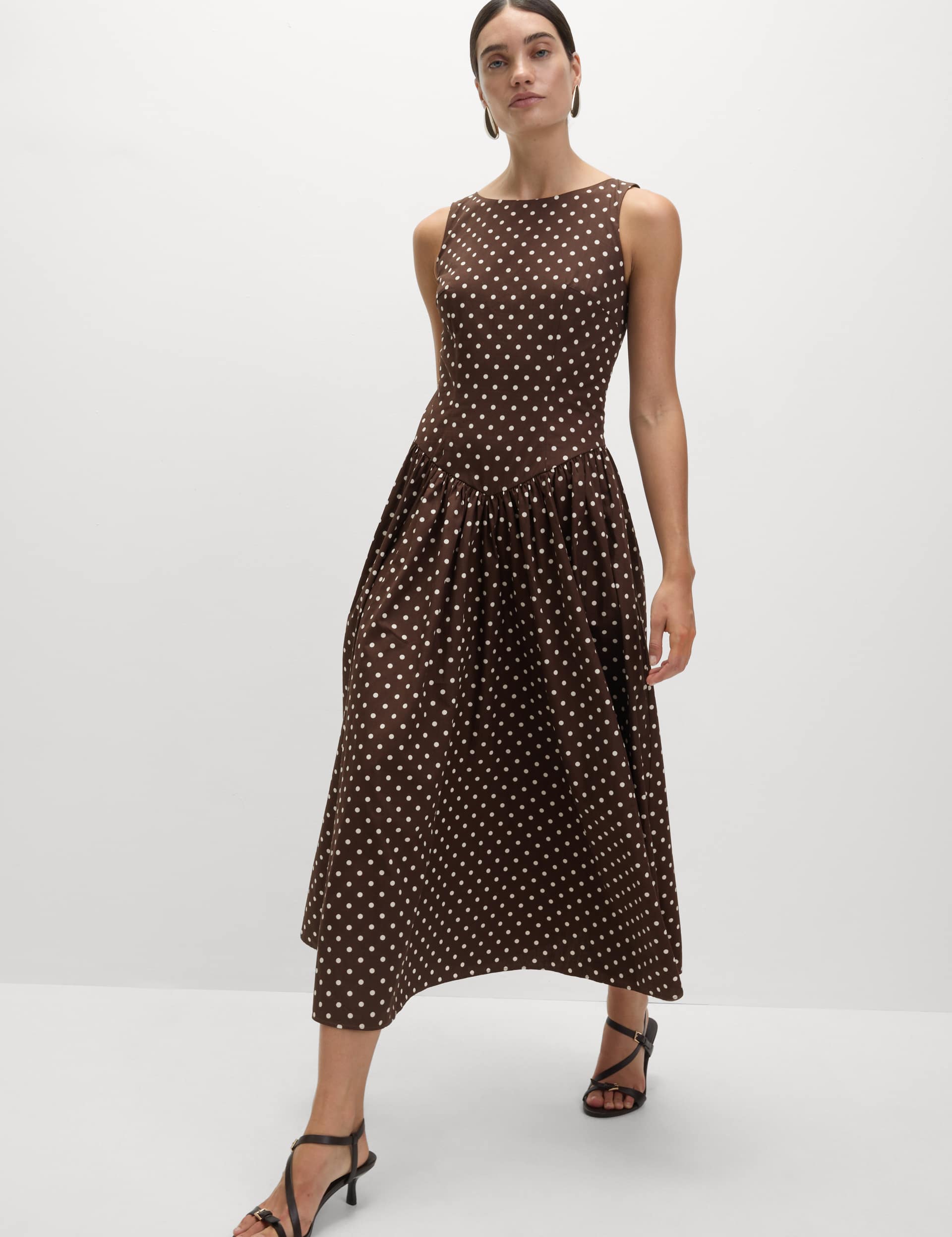 Polka Dot Round Neck Midaxi Waisted Dress