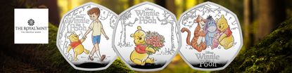 the royal mint logo top left with a wide image of winne the pooh coins