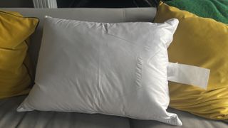 Helix Down & Feather Pillow on a grey couch with bright green cushions. 